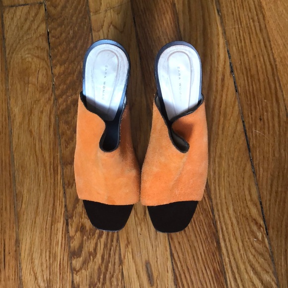 Zara Orange Leather Heeled Mules with Gold Heel 6 - Picture 3 of 5